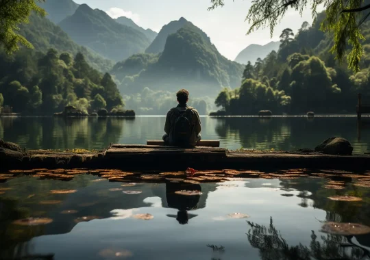 A man practicing mindfulness and meditation or yoga in a peaceful natural environment realistic image, ultra hd, high design very detailed